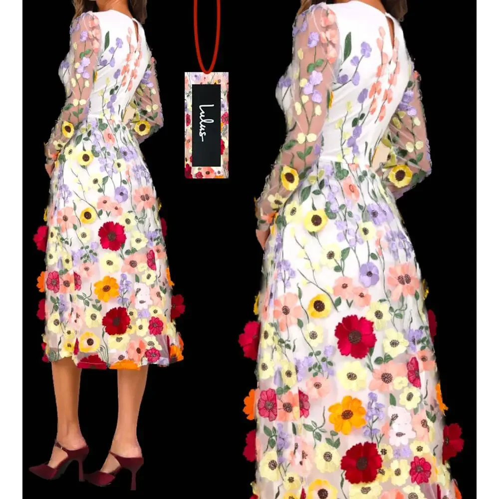 Lulus White 3D Floral Embroidered Front Back Blossom Midi Dress Size S NEW - Picture 11 of 14